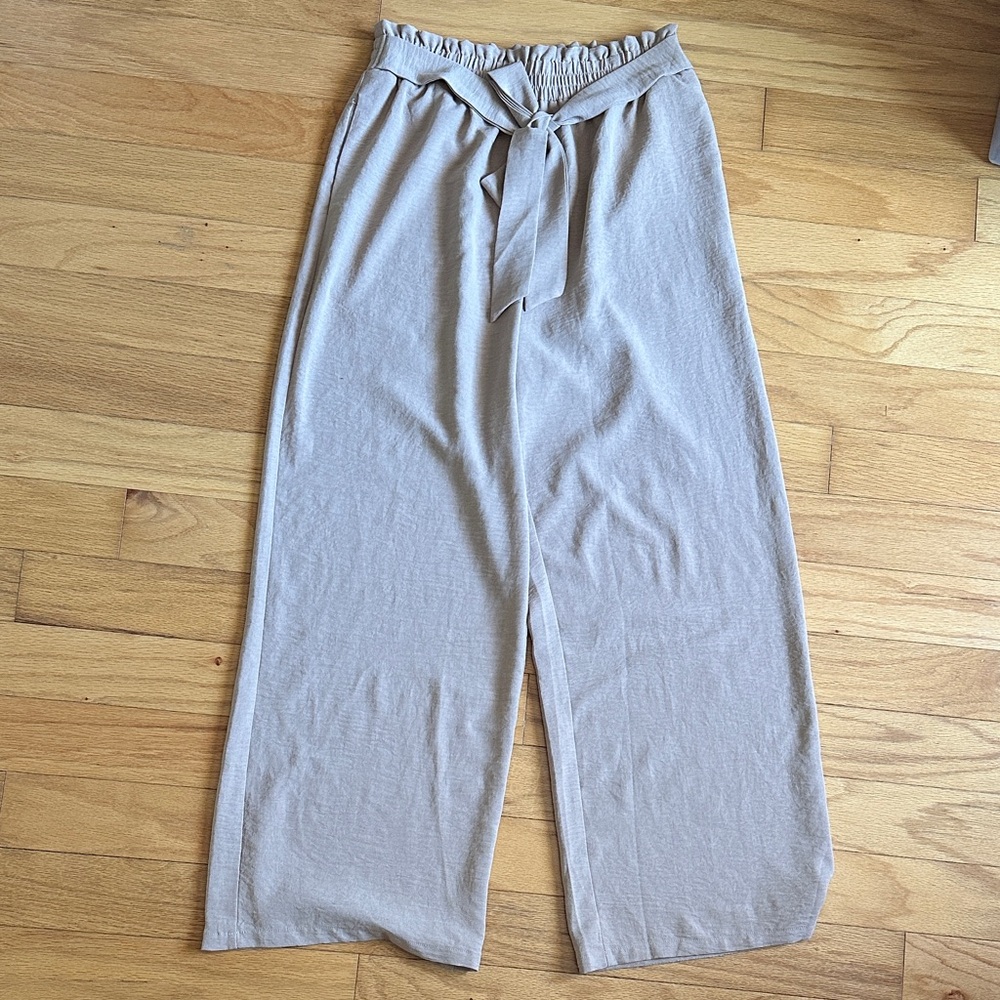 Beige Wide-Leg Pants with Tie Waist